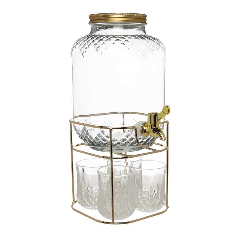 Set for drinks, 4 pers, 5 pr, dispenser on stand, gold, glass / metal, Regale, image-0