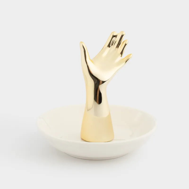 Jewelry holder, 10 cm, ceramic, white and gold, Hand, Hand, image-1