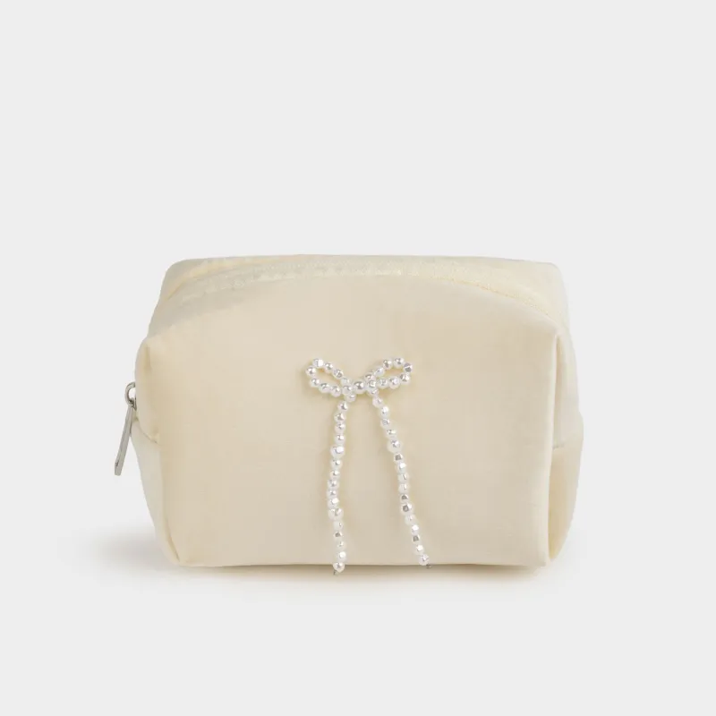 Makeup bag, 15x10 cm, polyester/plastic, milky, Pearl bow, Beauty box