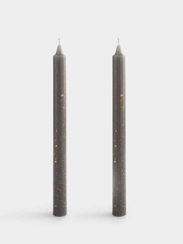 Candle, 25 cm, 2 pcs, thin, grey, golden speckled, Sparkly candle, image-0