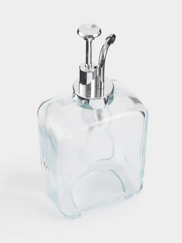 Liquid soap dispenser, 550 ml, glass / plastic, silver, Pure soap, Clear title, image-3