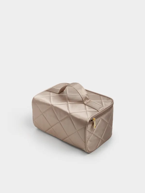 Makeup bag, 23x13 cm, quilted, with handle, satin, beige, Quilted silk, image-4