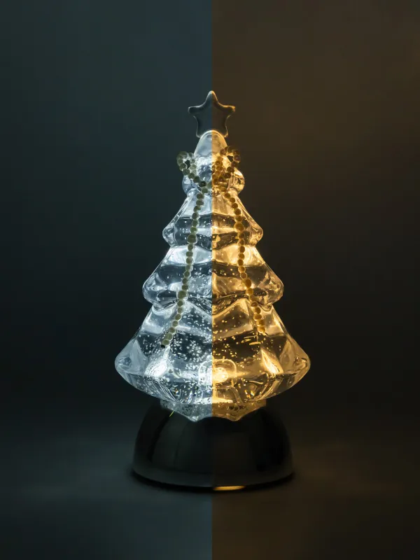 Snow lantern, 21 cm, illuminated, plastic, silver, Christmas tree with bow, Silver style, image-3