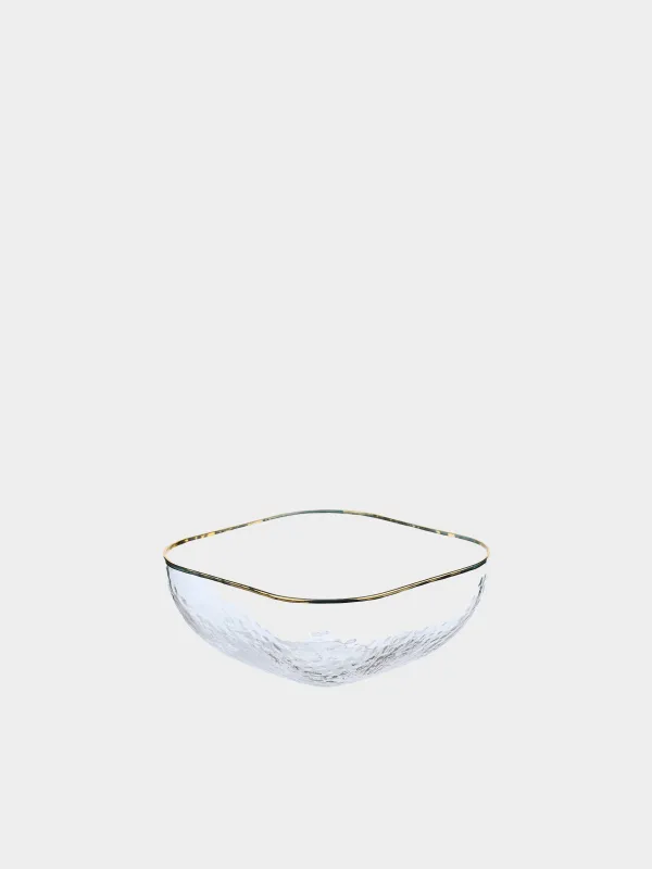 Salad bowl, 13x5 cm, glass, square, with golden edging, Ripply gold, image-1