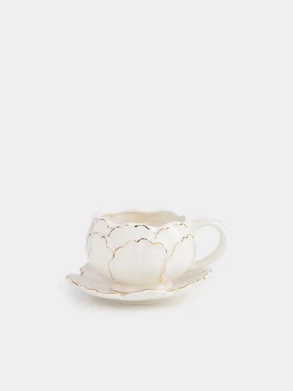 Breakfast tea pair, 1 person, 2 items, 450 ml, porcelain P, milky golden, Peony, Bloome, image-0