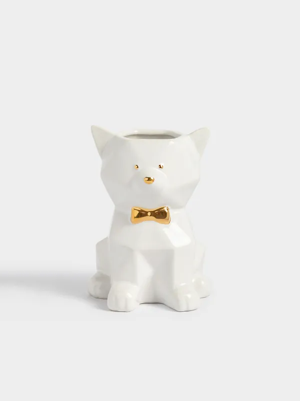 Bathroom tumbler, 14 cm, ceramic, white and gold, Cat, Art modern, image-0
