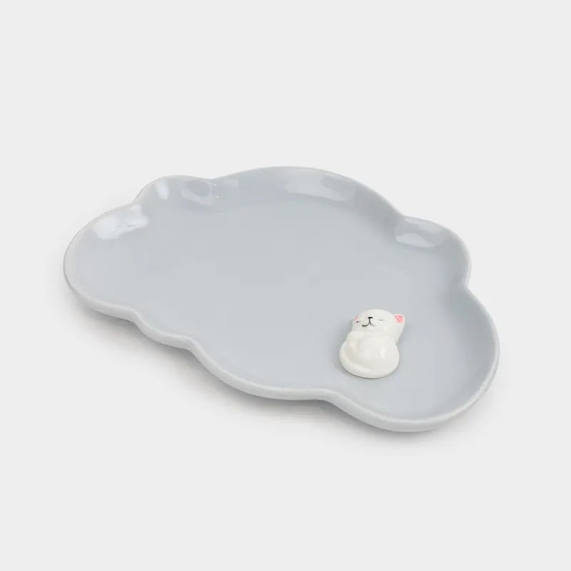 Children's snack plate, 23x16 cm, porcelain P, gray, curly, kitten, friend, image-1