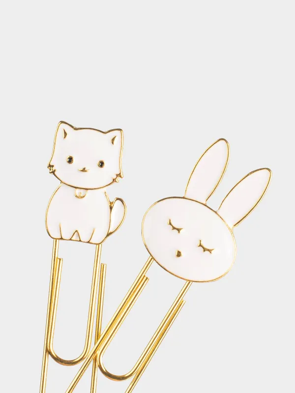 Stationery paper clip, 7 cm, 2 pcs, metal, white, Kitten and rabbit, Cat, image-2