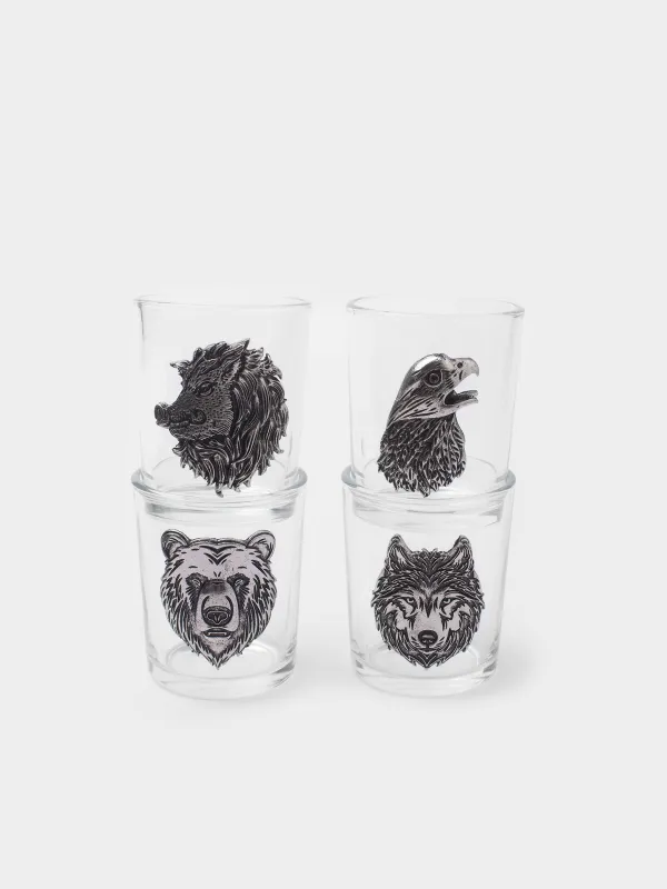Drinking glass, 80 ml, 4 pcs, on a stand, glass/metal/tree, Eagle and beasts, Lux elements decor, image-3