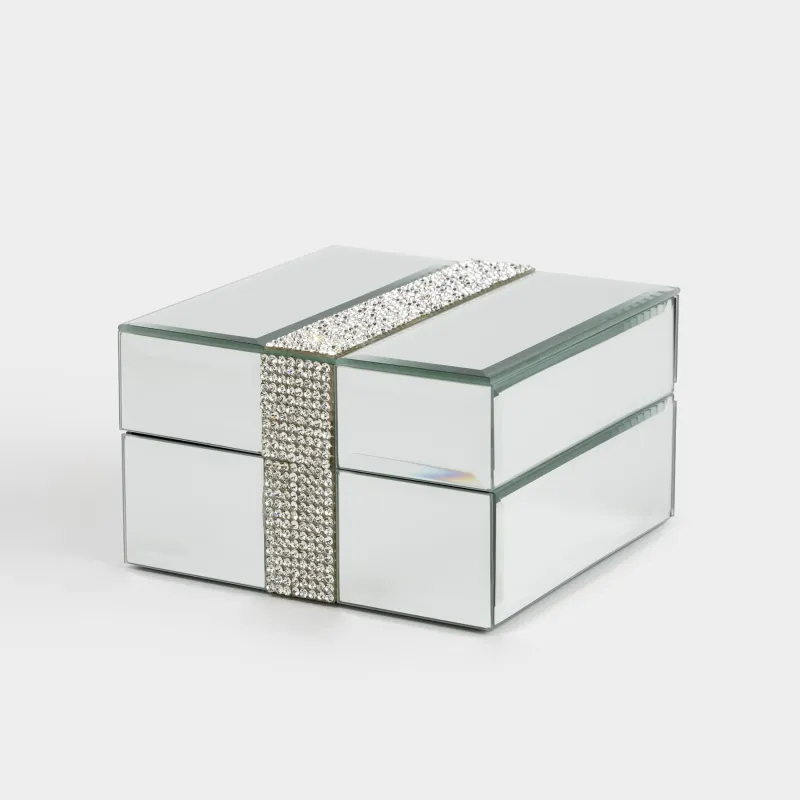 Jewelry box, 12x12 cm, glass, mirror, Silver crystals, Glossy crystal