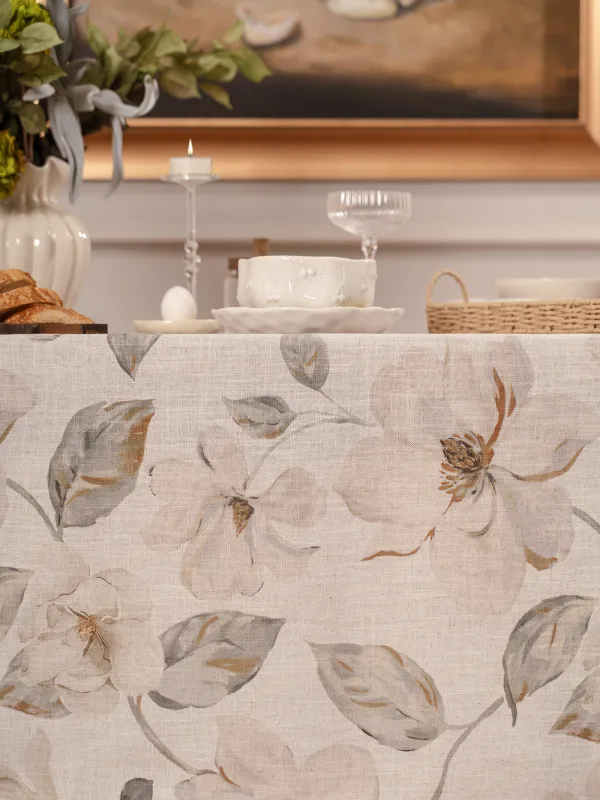 Tablecloth, 170x250 cm, polyester / linen, milk yellow, Flowers, Flowery flax, image-1