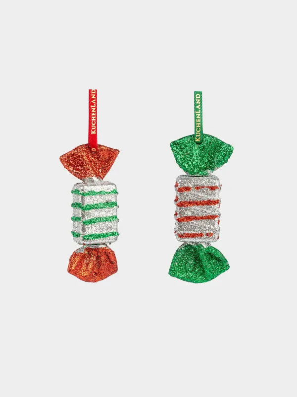 Christmas tree toy set, 7 cm, 2 pcs, plastic, with glitter, green-red, Candy, Figure sparkle, image-0