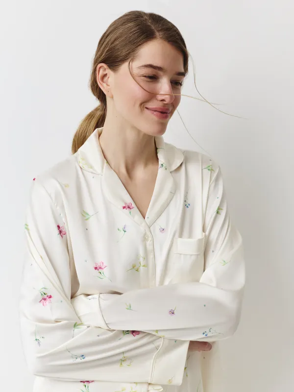 Women's shirt, homewear, size L, with long sleeves, polyester, milky, Flowers, Sevilla, image-0
