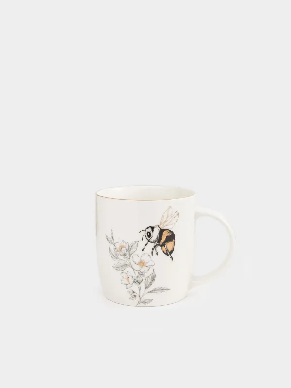 Mug, 380 ml, porcelain N, white, with golden edging, Bumblebee with flower, Bugs, image-0