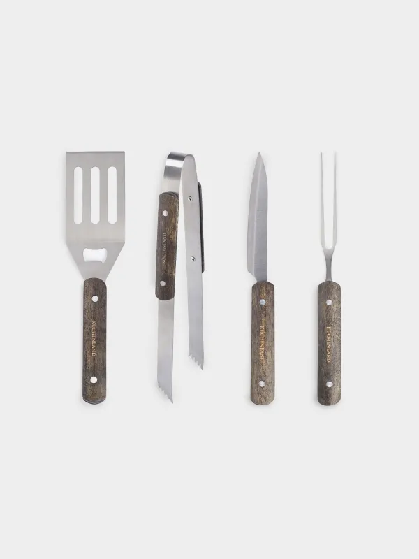 BBQ set, 4 items, in leather case, steel / wood / eco-leather, BBQ, image-0