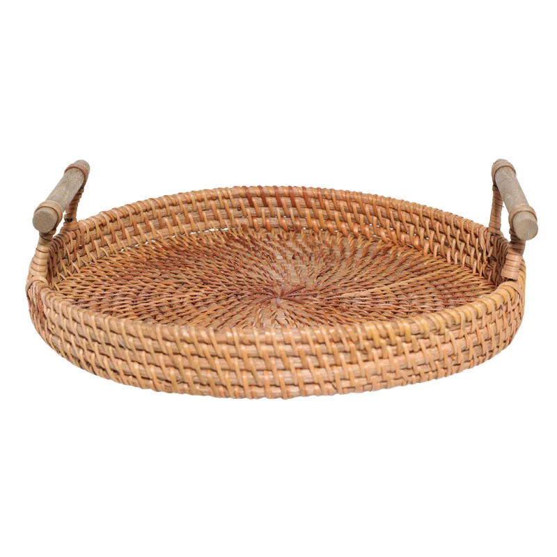 Tray, 24 cm, wicker, with handles, rattan / wood, round, Eco home