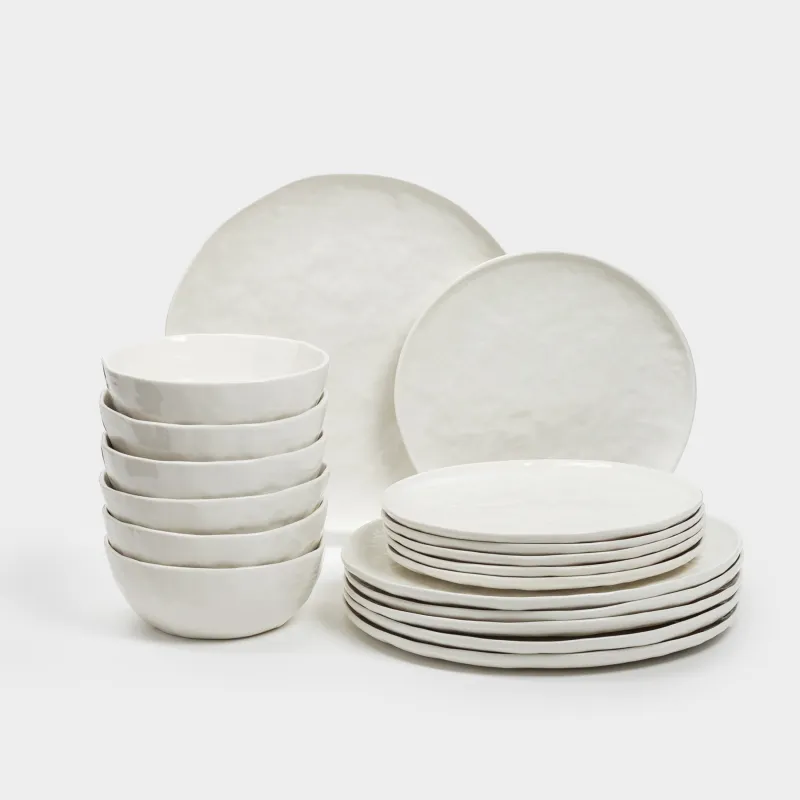 Dining set, 6 persons, 18 items, ceramic, white, Crumpled effect, Egaleo