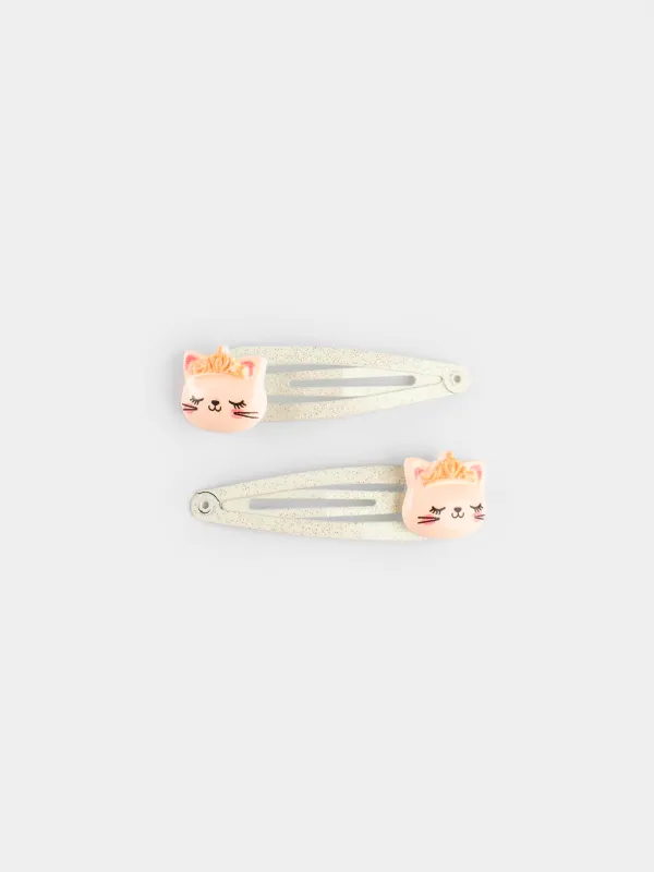 Hair clip, 4 cm, 2 pcs, metal, milky gold, Cat with crown, Cat, image-0