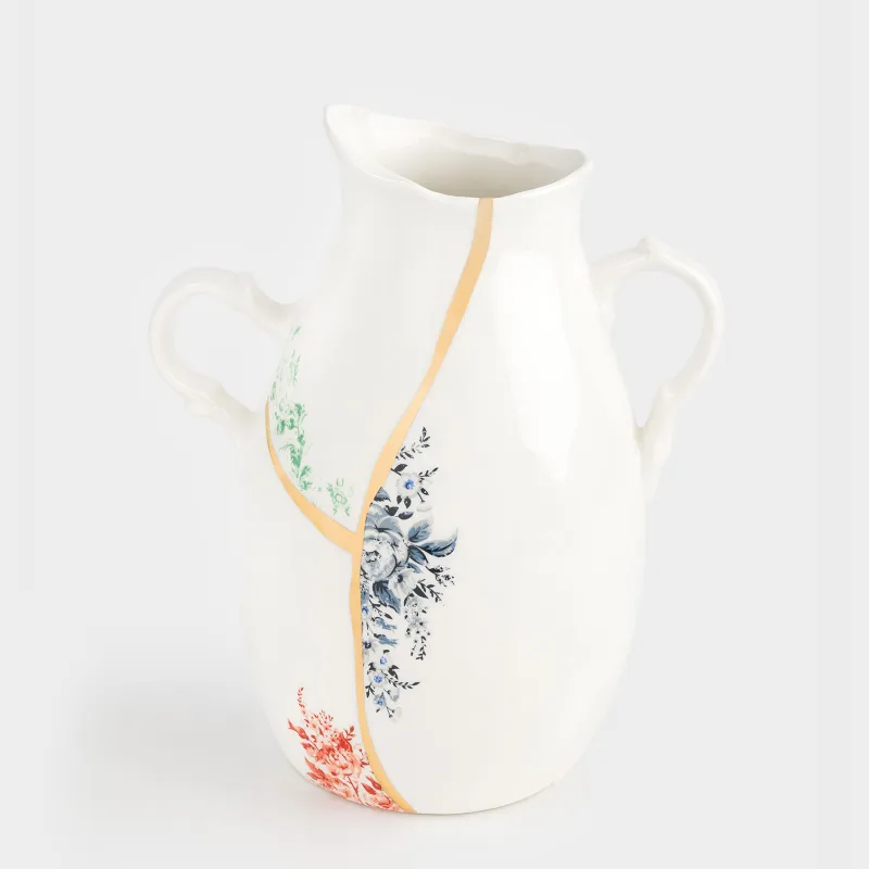 Flower vase, 24 cm, with handles, ceramic, white and gold, Broken print, Revival