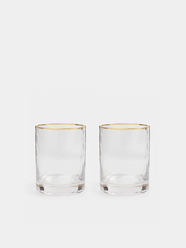 Drinking glass, 10 cm, 300 ml, 2 pcs, glass, with golden edging, Ripply gold, image-0
