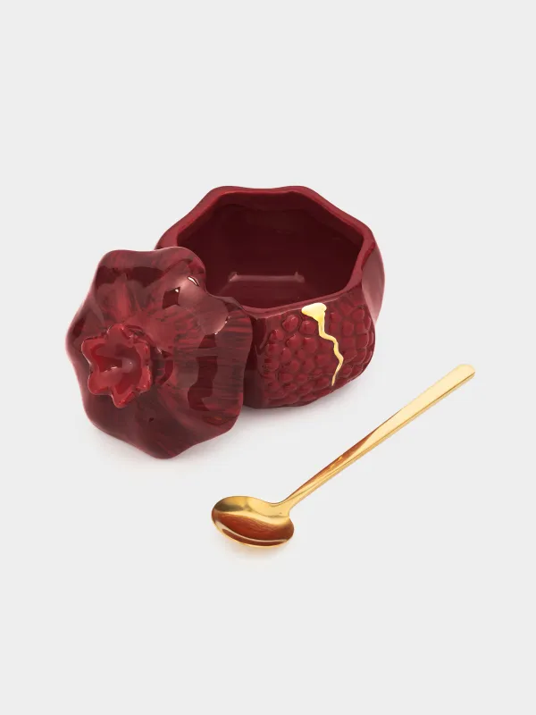 Sugar bowl, 9 cm, 200 ml, with spoon, ceramic / steel, Burgundy, Pomegranate, Pomegranate, image-2