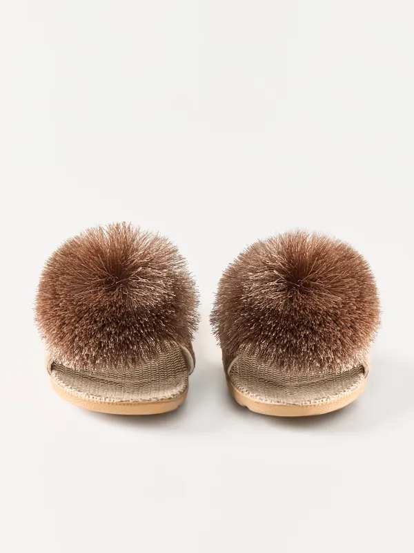 Women's slippers, size 35-36, with pompom, polyester / linen, brown, Pompon, image-3