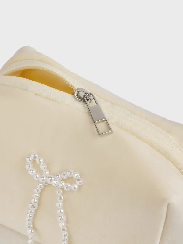 Makeup bag, 15x10 cm, polyester/plastic, milky, Pearl bow, Beauty box, image-3