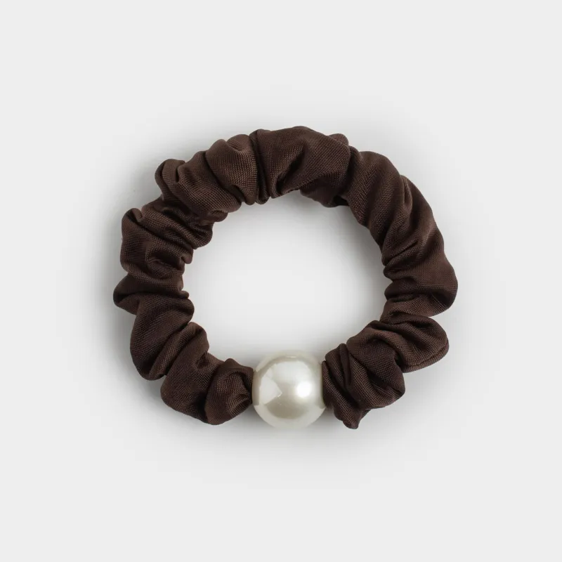 Hair tie, 6 cm, satin/plastic, brown, Bead, Silk