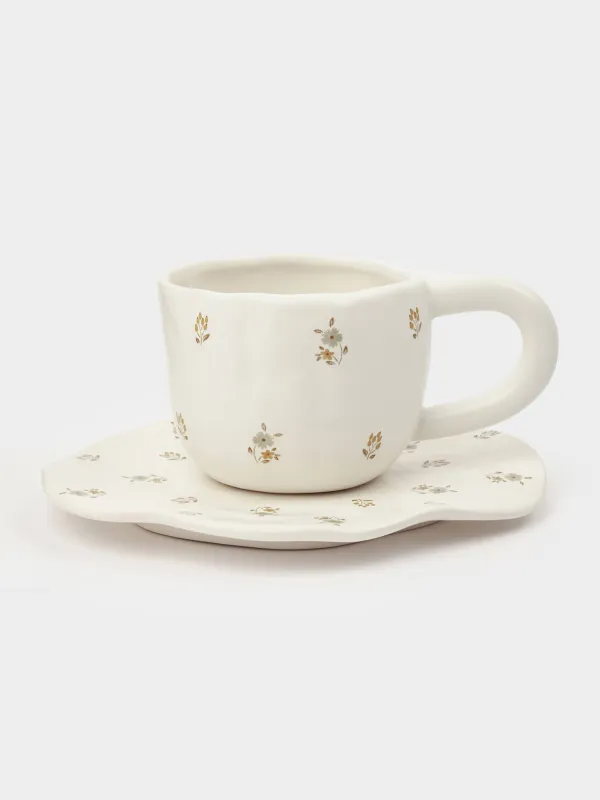 Tea pair, 1 person, 2 items, 460 ml, ceramics, milky, Vintage flowers, La flore, image-0