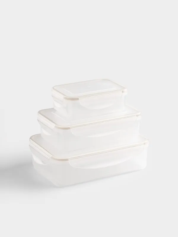 Container set, 3 pcs, with clips, plastic / silicone, rectangular, beige, Roomy clip, image-1