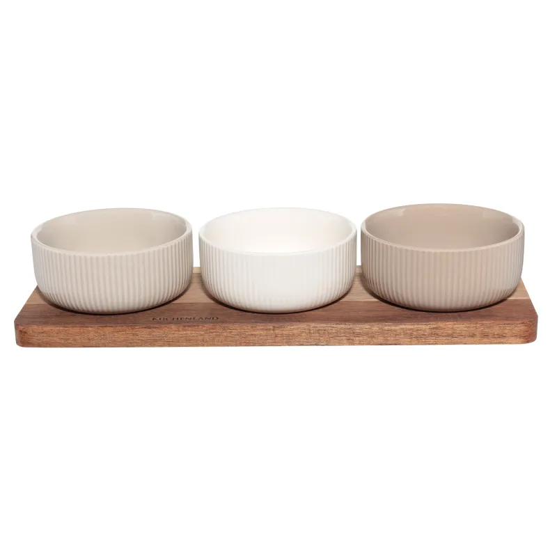 Snack set, 3 pcs, on a stand, ceramic / wood, mix, Ribbed bowls, Noble tree, image-1