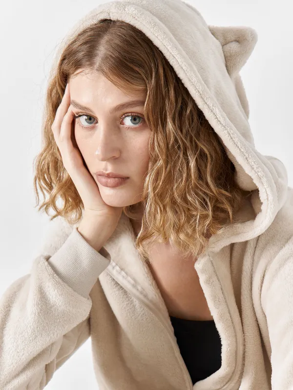 Women's jumpsuit, homewear, size S, with a hood, fleece, grey, Cat, Annie, image-3