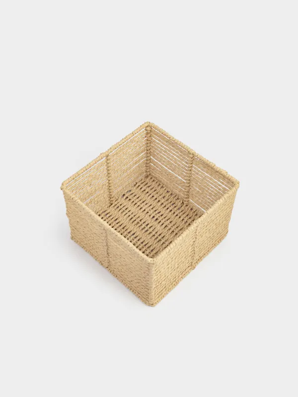 Storage organizer basket, 20x20x14 cm, wicker, cellulose/metal, square, beige, Braided, image-3
