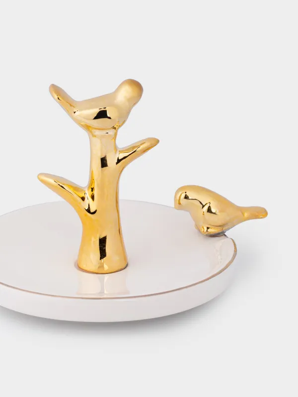 Jewelry holder, 13 cm, ceramic, white and gold, Birds on a branch, Paradise garden, image-4