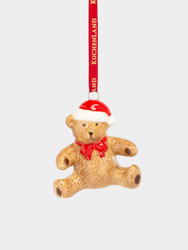 Christmas tree toy, 6 cm, ceramic, milky, Bear with bow, Figure christmas, image-0