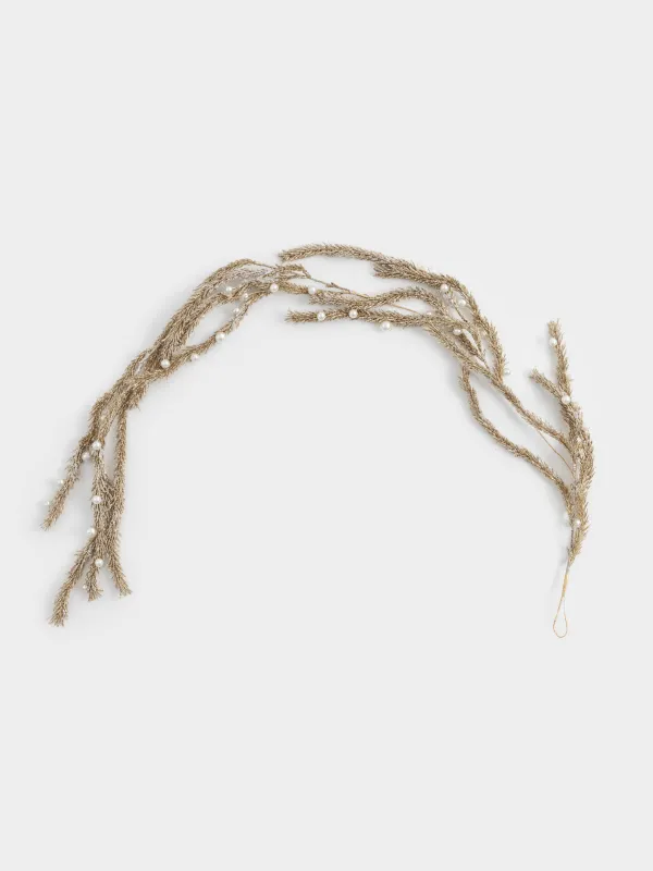 Decorative garland branch, 1.2 m, plastic / metal, champagne, Needles and beads, Conifer champagne, image-0