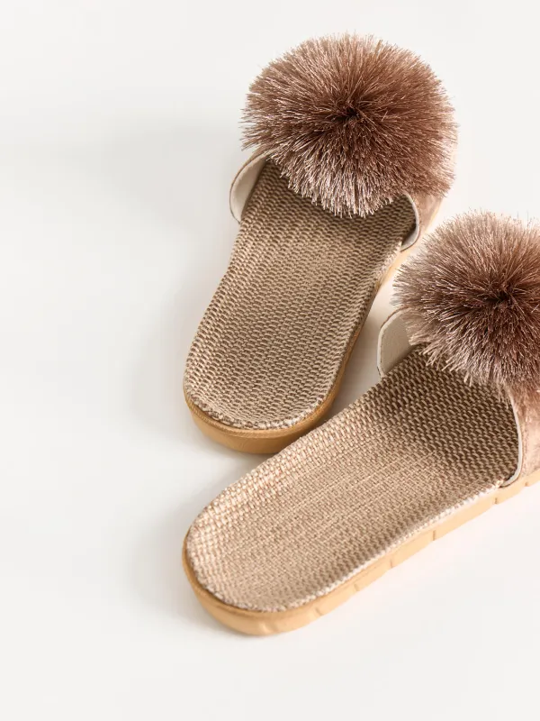 Women's slippers, size 35-36, with pompom, polyester / linen, brown, Pompon, image-4