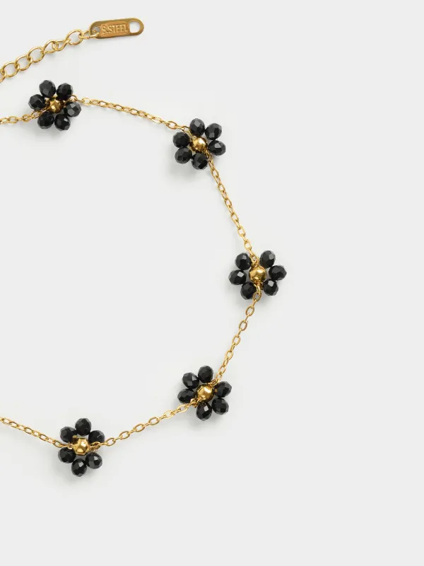Anklet, 30 cm, metal / glass, black, Flowers, Jewelry flower, image-2