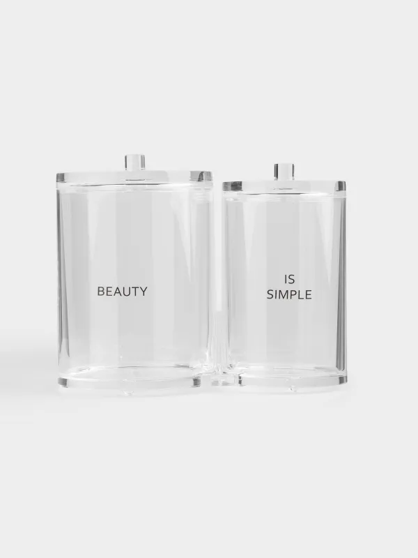 Cotton pad / swabs container, 15x12 cm, 2 compartments, with lid, plastic, Basic font, image-1