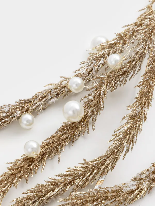 Decorative garland branch, 1.2 m, plastic / metal, champagne, Needles and beads, Conifer champagne, image-3