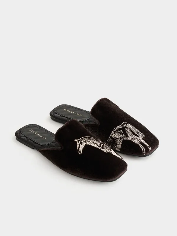Women's slippers, homewear, size 36-37, velvet / satin / PU leather, brown, Horse, Slippers horse, image-6