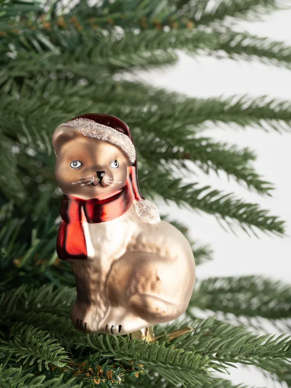 Christmas tree toy, 11 cm, on a clip, glass, Cat in scarf, Figure christmas, image-3