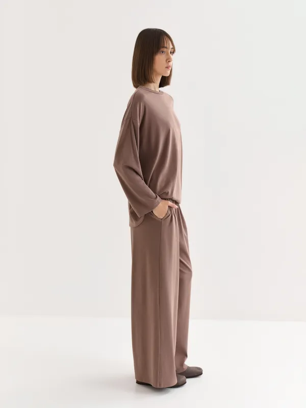 Women's trousers, homewear, size L, cotton / viscose/spandex, beige melange, Wiana, image-2