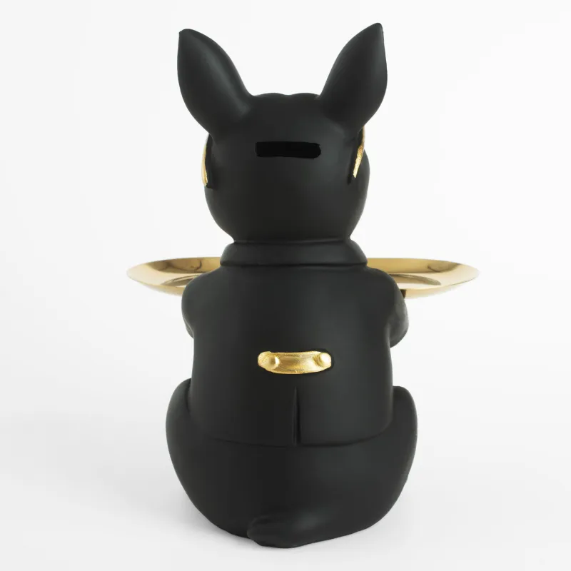 Decorative dish, 23 cm, with piggy bank, polyresin / metal, golden-black, Bulldog, Dog, image-3