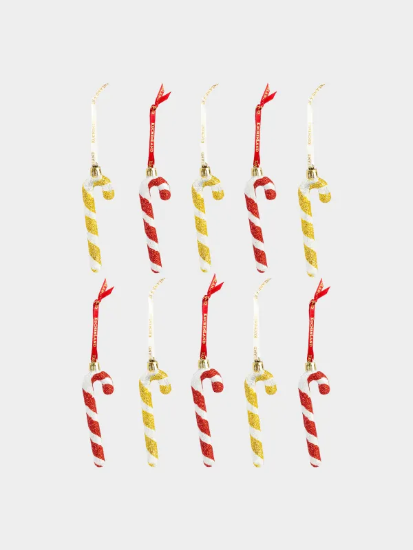 Christmas tree toy set, 7 cm, 10 pcs, plastic, with glitter, gold, Walking stick, Figure sparkle, image-0