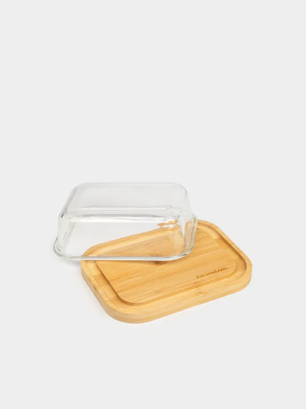 Butter dish, 18 cm, bamboo / glass, rectangular, Home made, image-1