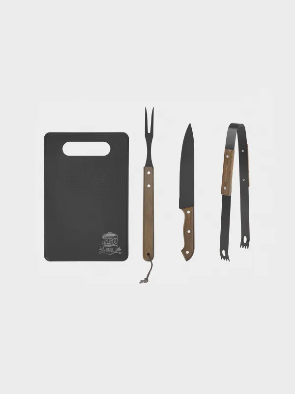 BBQ set, 4 items, in leather case, steel / wood / eco-leather, BBQ