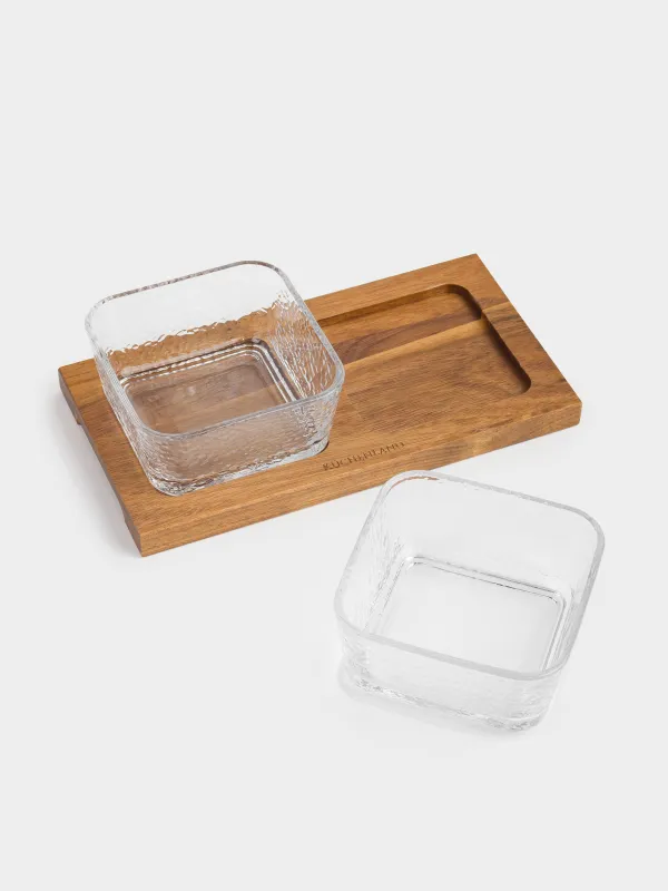Snack set, 2 pcs, on stand, glass/wood, Squares, Noble tree, image-6