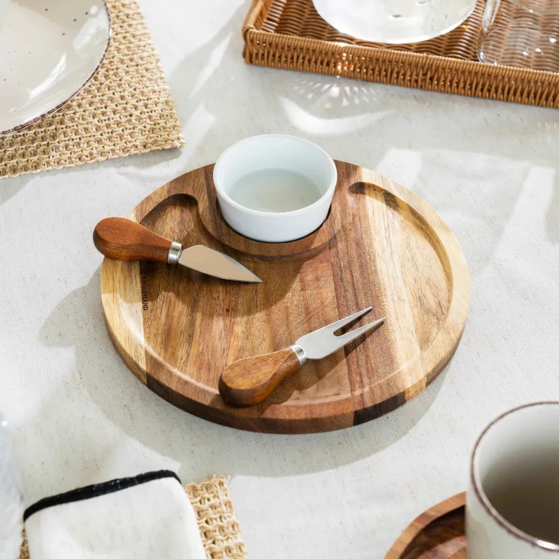 Cheese set, 4 pcs, dish board/bowl, steel / ceramic / wood, Circle, Noble tree, image-3