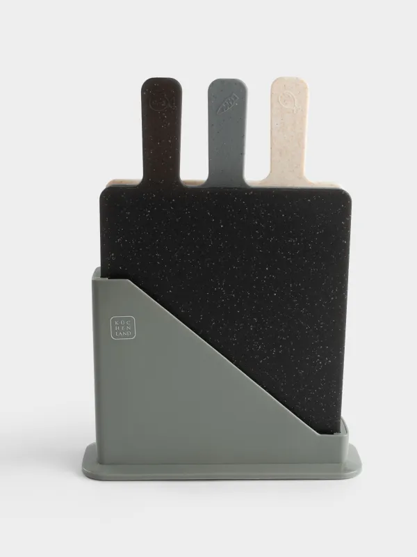 Cutting board, 32x20 cm, 3 pcs, in a stand, plastic, gray / beige / black, Speck, image-5